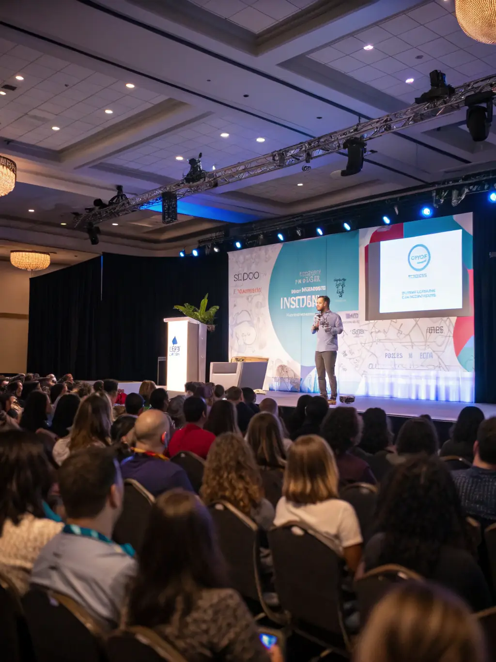 A vibrant photo capturing a keynote speaker passionately addressing a large audience at the Monoclestack event in Johannesburg, South Africa, with engaged attendees and the event logo prominently displayed.