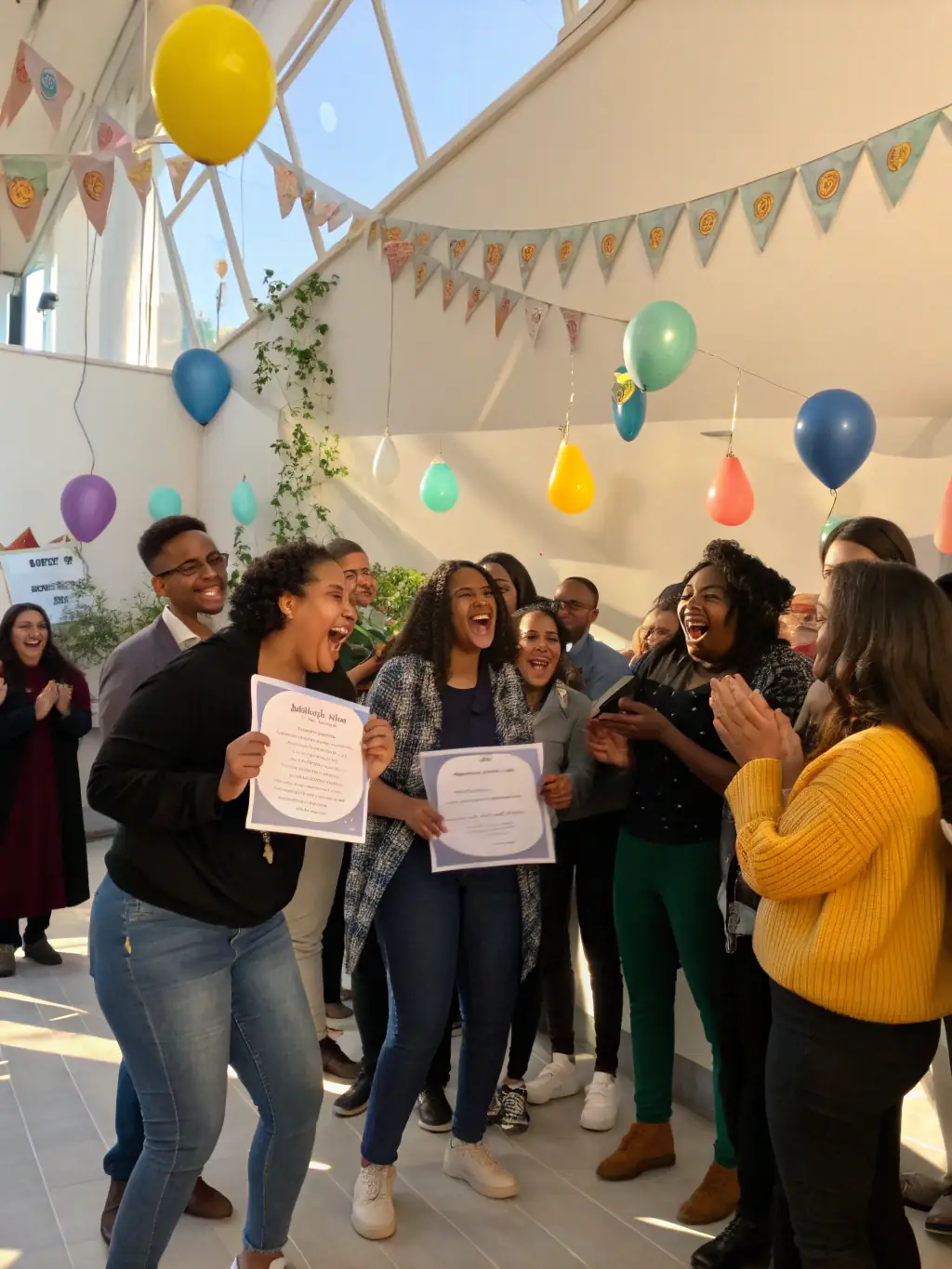 A group photo of happy attendees at the end of the Monoclestack event, holding certificates and smiling, with the event backdrop visible in the background.