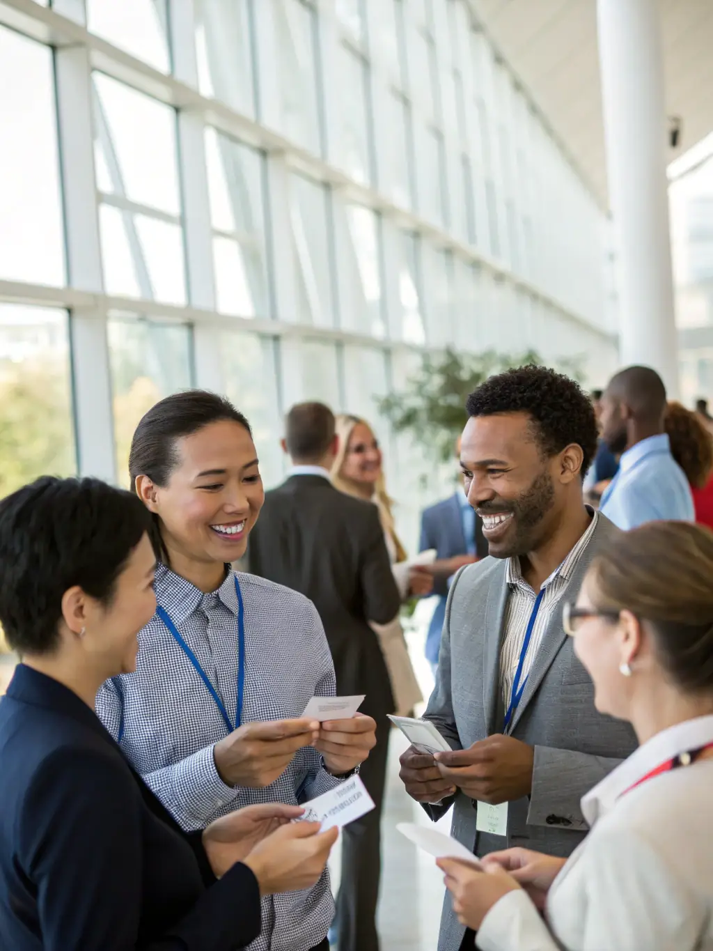 A candid shot of attendees networking during a coffee break at the Monoclestack event, showcasing lively conversations and exchange of business cards in a modern setting.